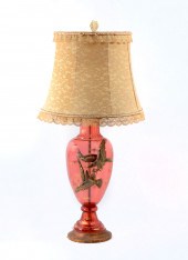 CRANBERRY GLASS LAMP WITH APPL