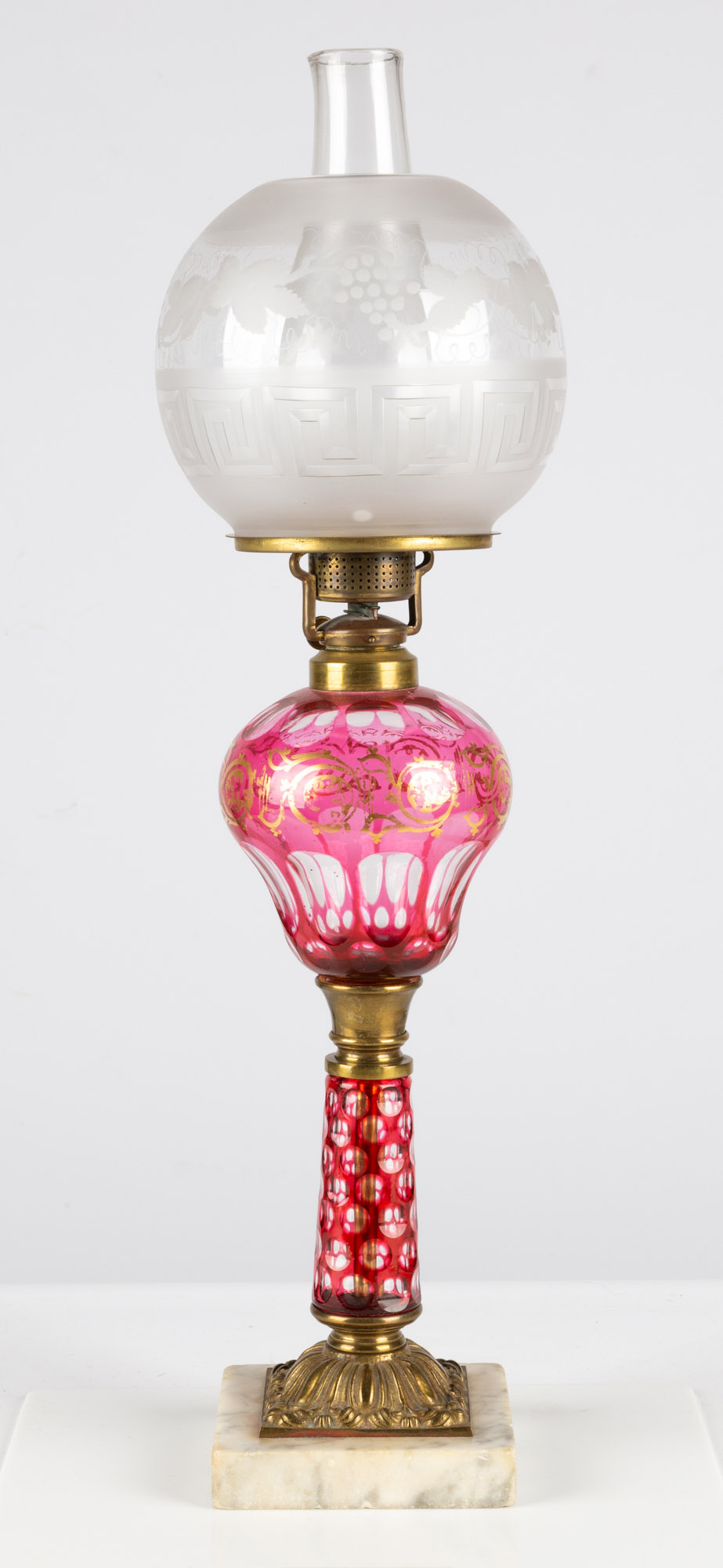 CRANBERRY OVERLAY OIL LAMP circa