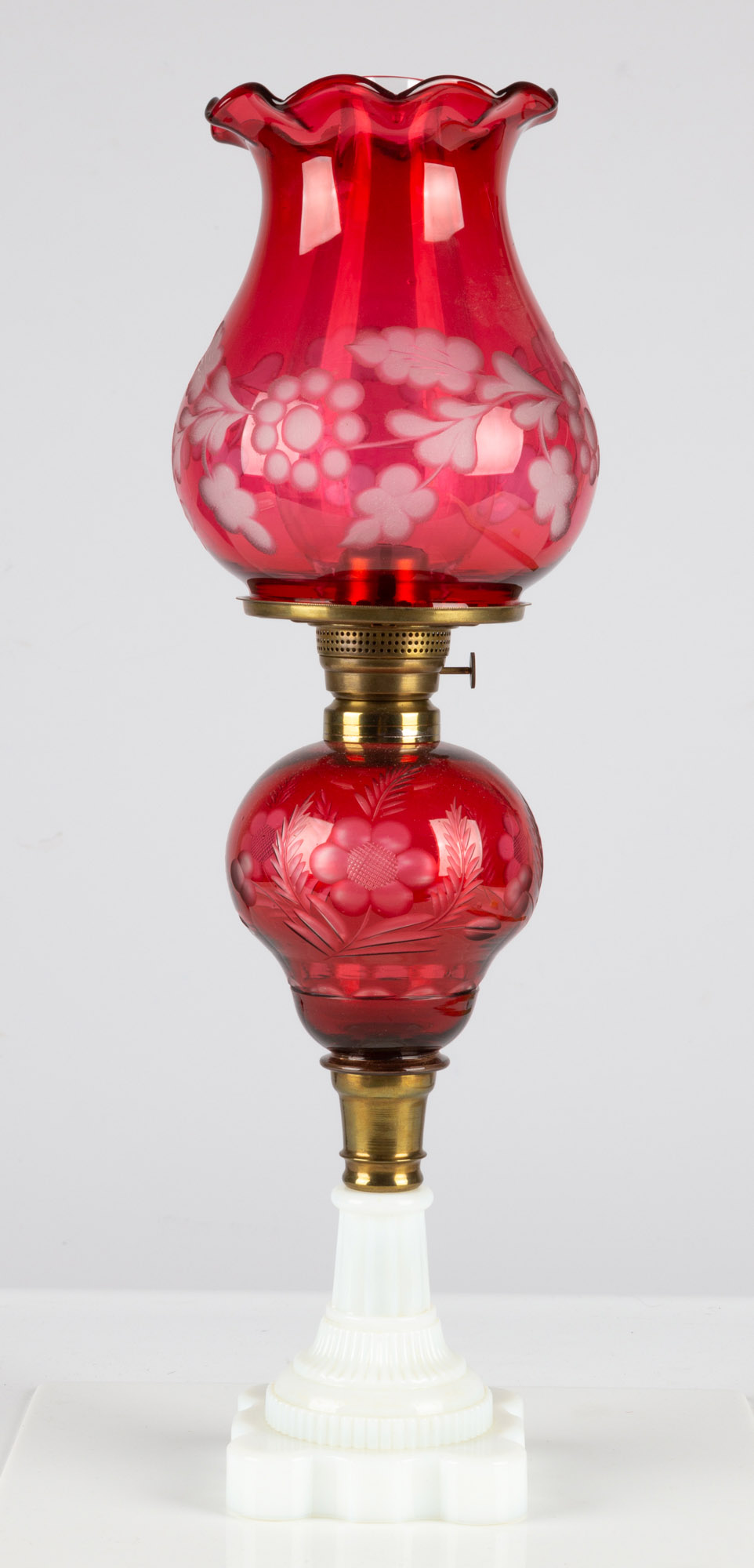 CRANBERRY OVERLAY OIL LAMP circa
