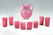 CRANBERRY PITCHER AND GLASSES: