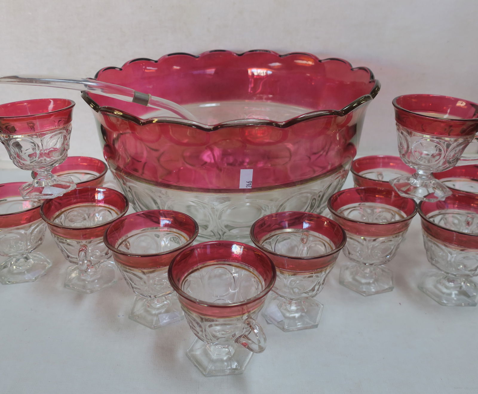 CRANBERRY RIMMED PUNCH BOWL AND