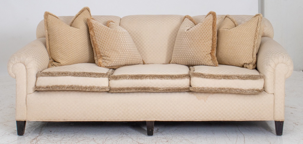 CREAM UPHOLSTERED ROLL-ARM SOFA