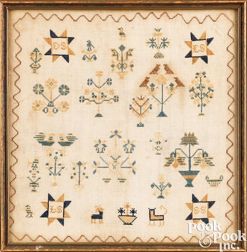 CROSS STITCH ON LINEN SAMPLER, 19TH