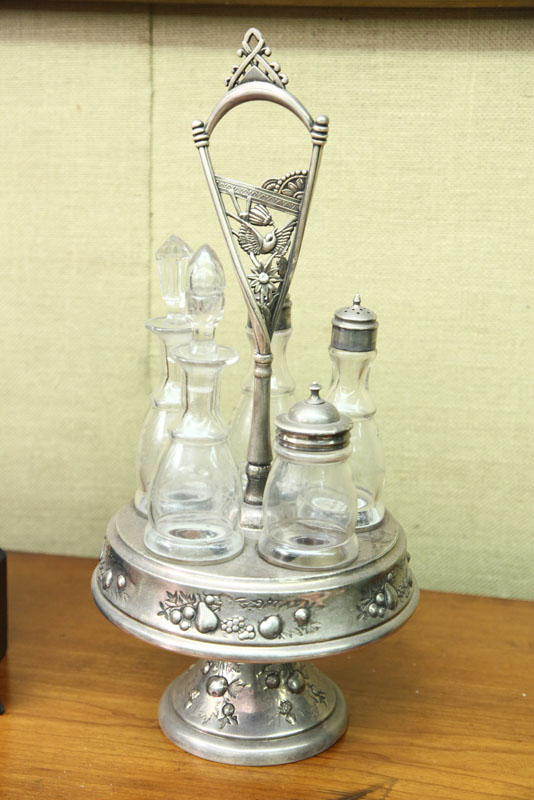CRUET SET. Silver plate holder with