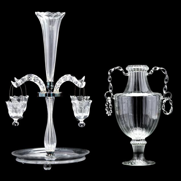 CRYSTAL EPERGNE AND GLASS URN