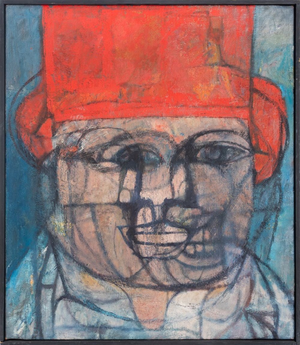 CUBIST ABSTRACTED MAN IN RED HAT