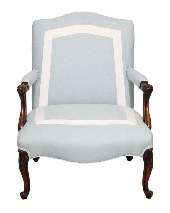 CUSTOM BLUE UPHOLSTERED CARVED
