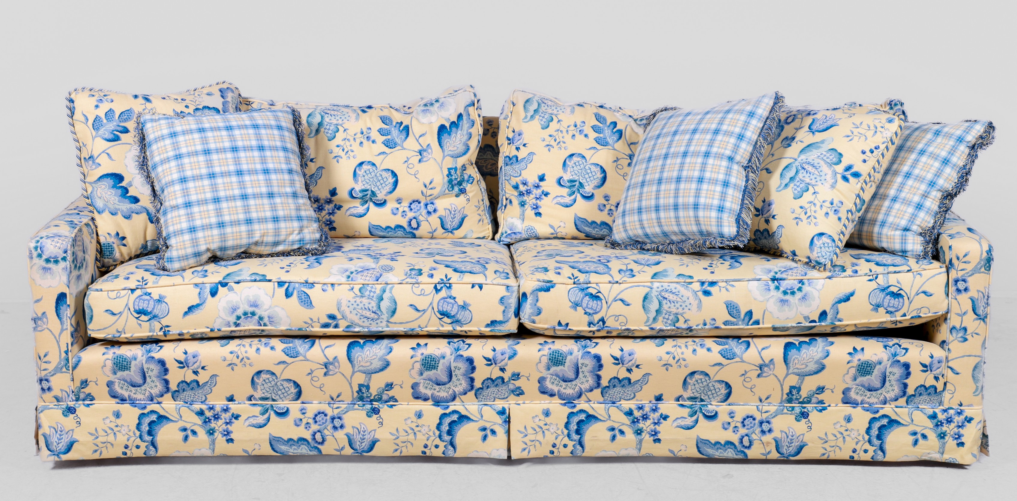 Custom upholstered sofa, yellow