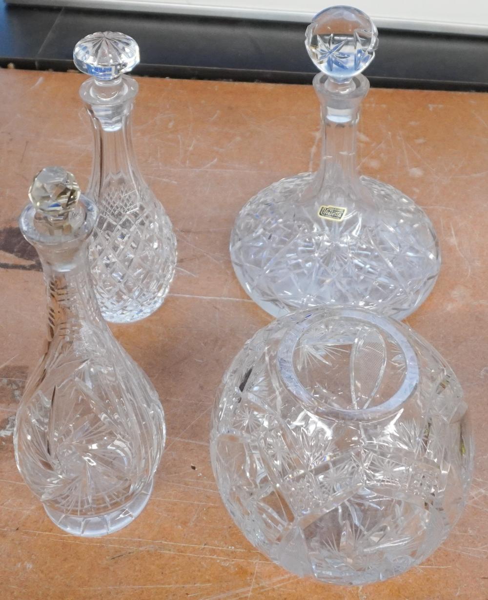 CUT CRYSTAL VASE AND THREE
