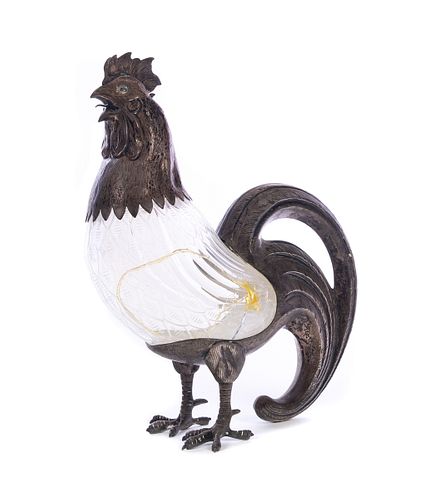 CUT GLASS AND SILVER ROOSTER CARAFE