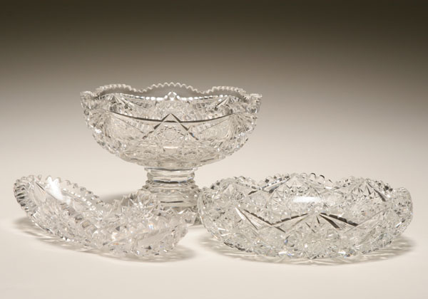 Cut glass compote, bowl, and celery