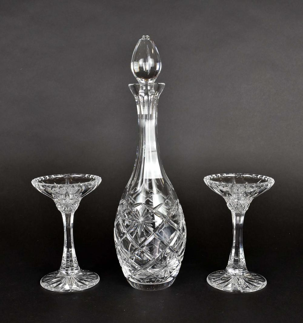 CUT-GLASS DECANTER & PAIR OF