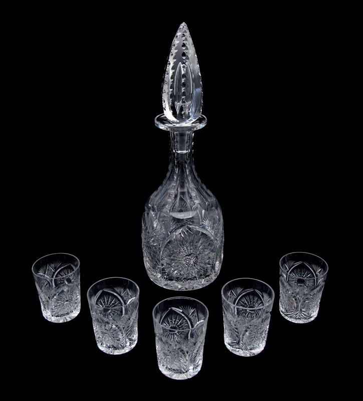 CUT GLASS LIQUOR DECANTER AND 5