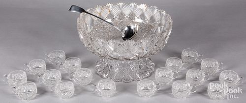 CUT GLASS PUNCH BOWL AND CUPS,