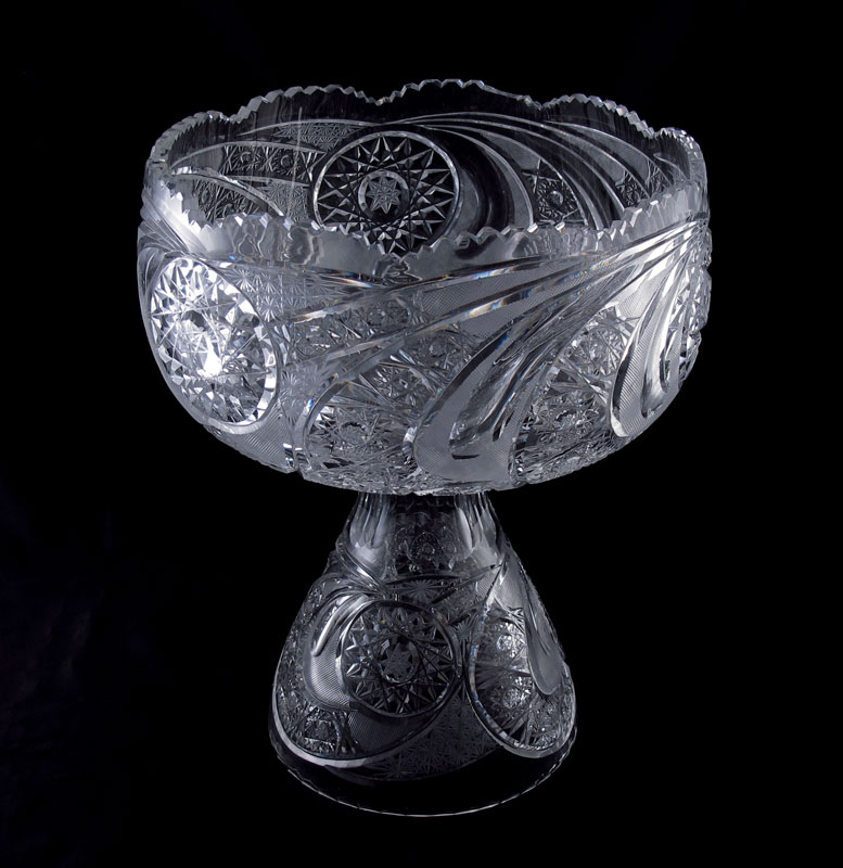 CUT GLASS PUNCH BOWL ON STAND: