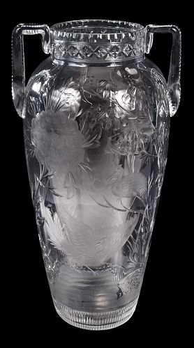 CUT GLASS VASE, BIRDS AND