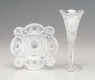 Cut glass vase, bowl: trumpet