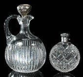 CUT GLASS WHISKEY JUG AND FLAS