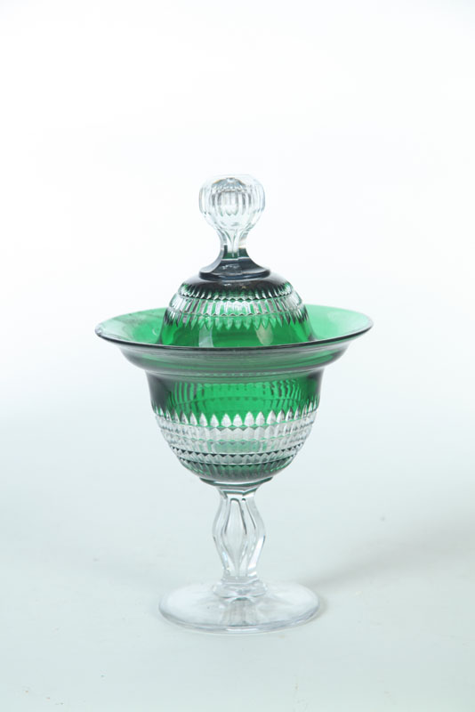 CUT OVERLAY GLASS COVERED BOWL. 
