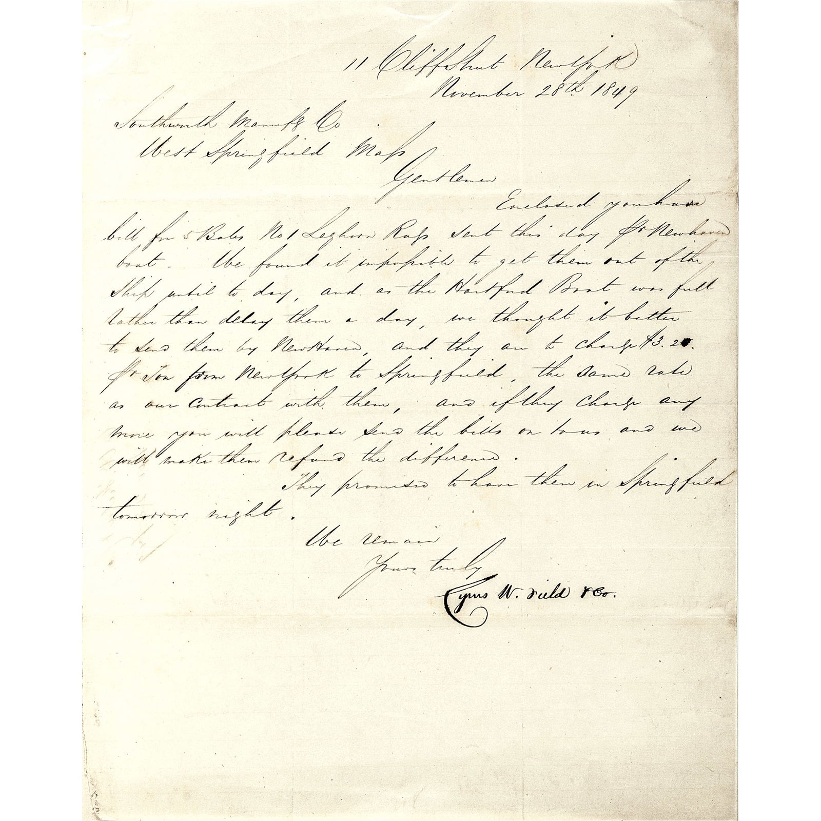 CYRUS W. FIELD AUTOGRAPH LETTER