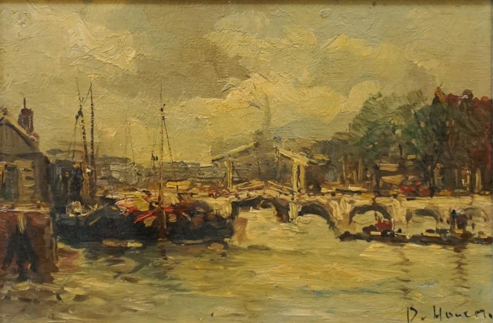 D. HOULEM, BOATS ON A DOCK, OIL