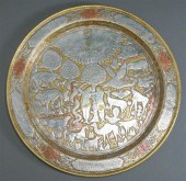 DAMASCENE BRASS TRAY, ADAM AND