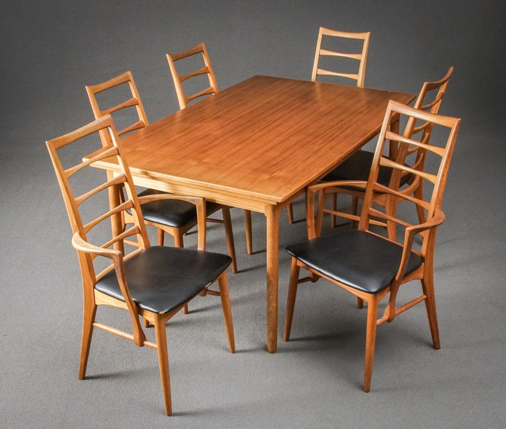 DANISH TEAK DINING TABLE AND SIX