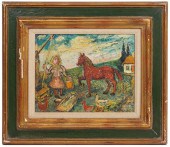 DAVID BURLIUK 'FARM SCENE' OIL