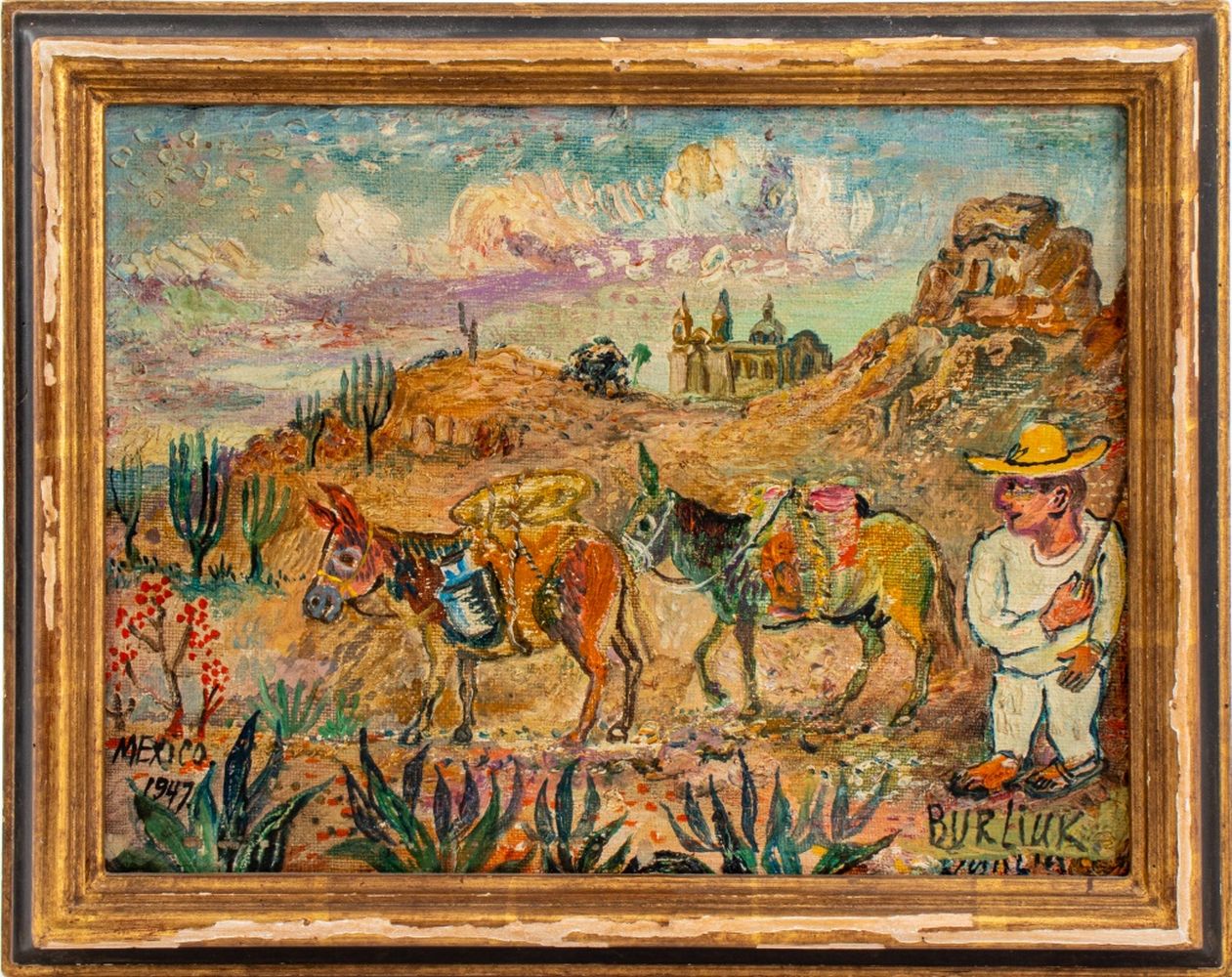 DAVID BURLIUK "MAN & DONKEYS" OIL