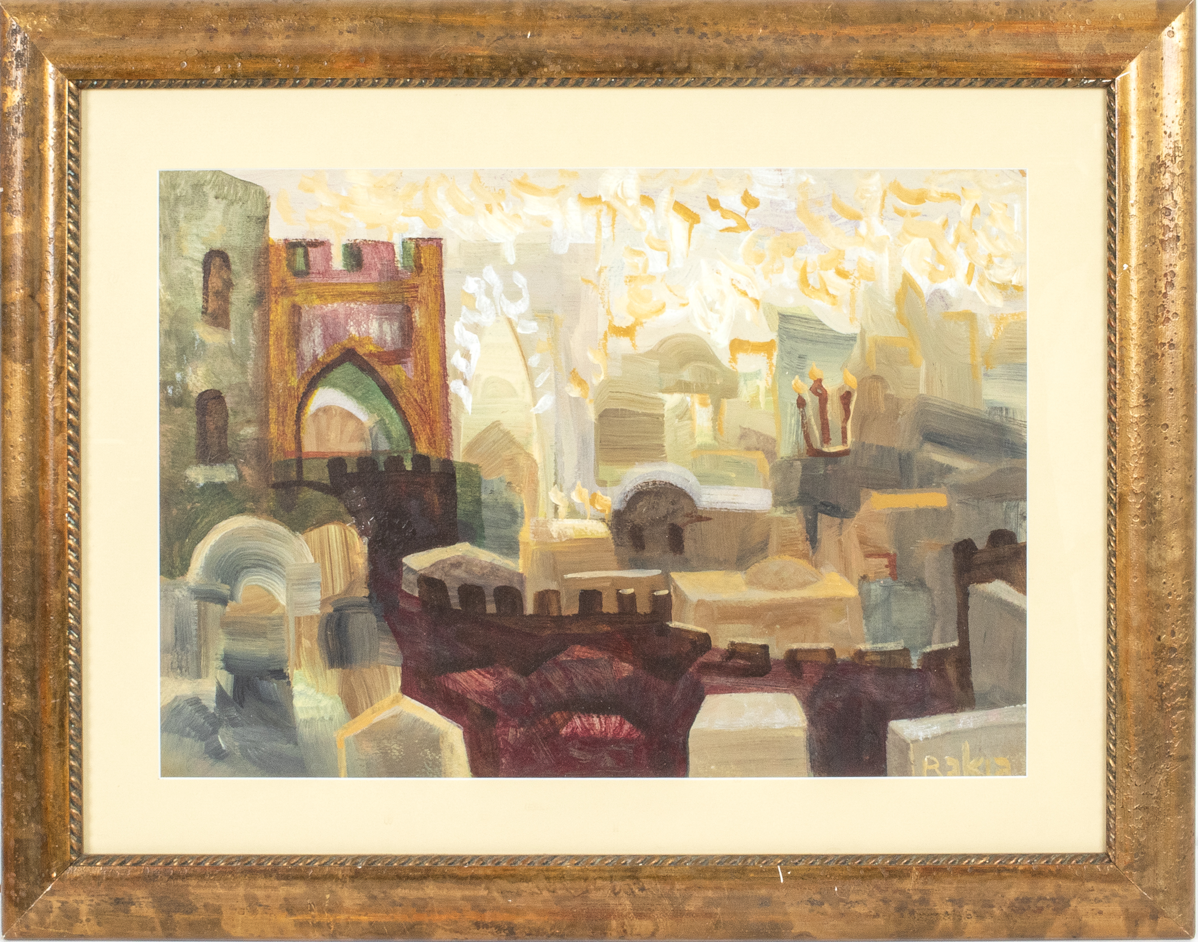 DAVID RAKIA "ROOFTOPS" OIL ON PAPER