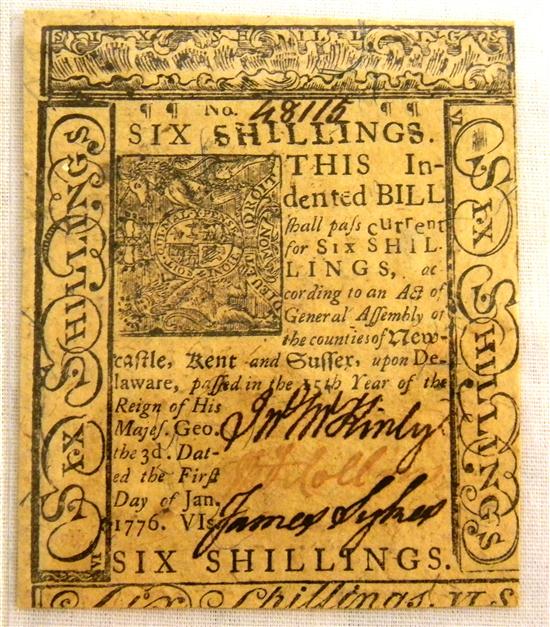 DE- Six Shilling Note - 1/1/1776.