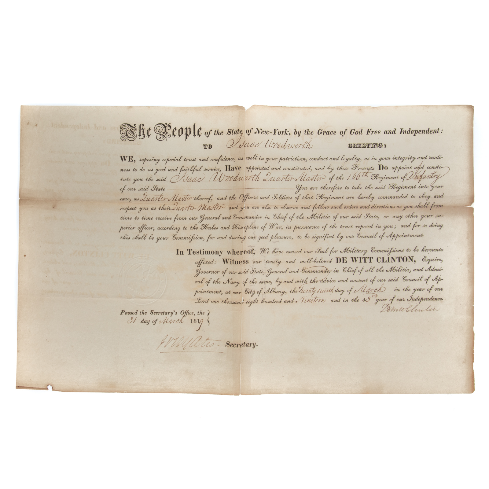DE WITT CLINTON, GOV. OF NY, SIGNED