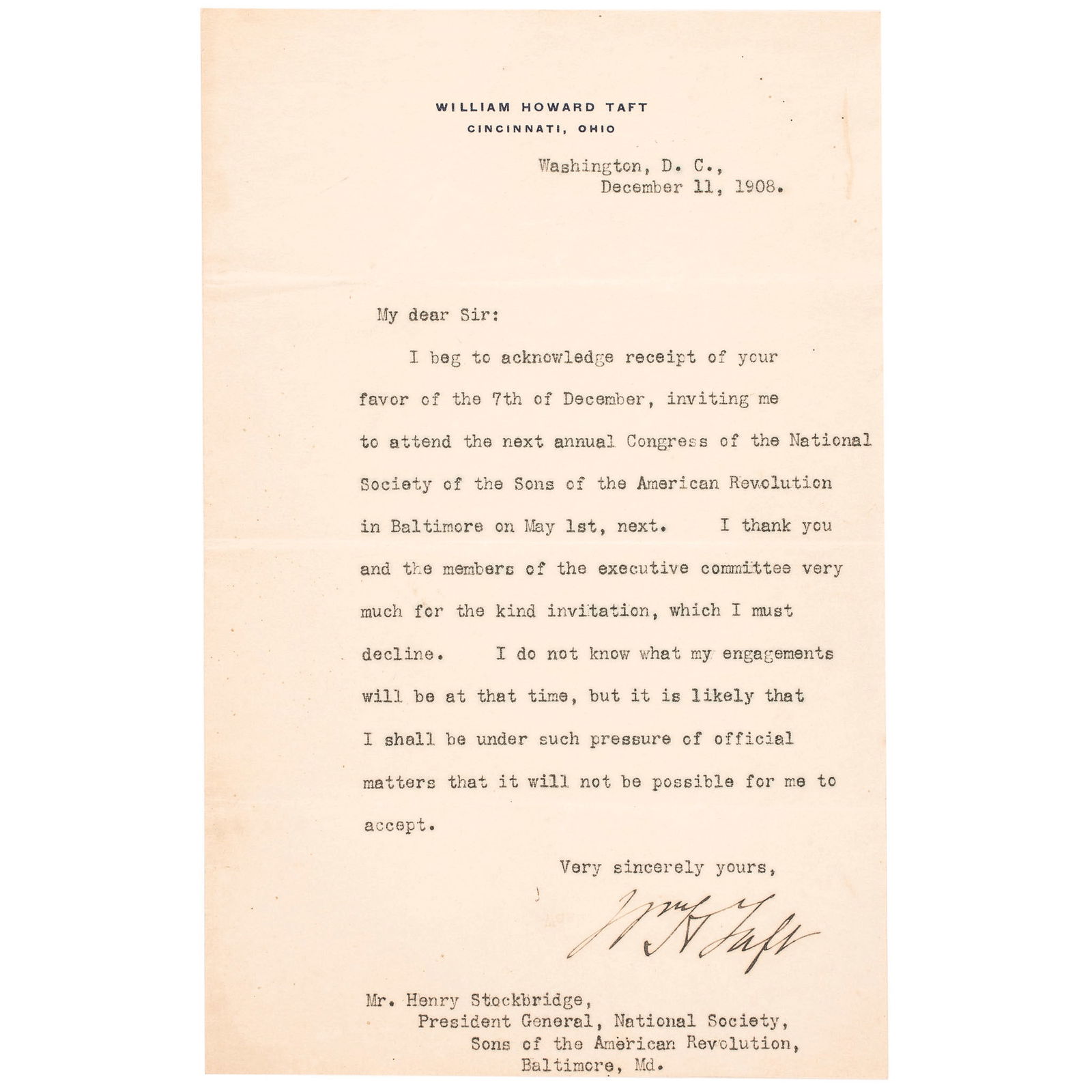 DECEMBER 11, 1908 27TH PRESIDENT