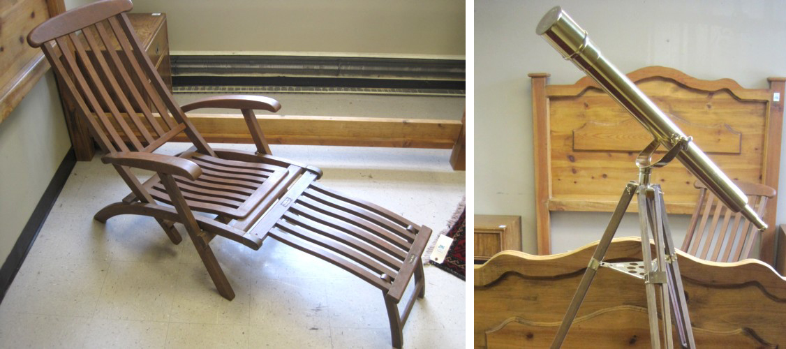 DECK CHAIR AND TELESCOPE antique