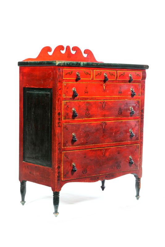 DECORATED CHEST OF DRAWERS.  Marked