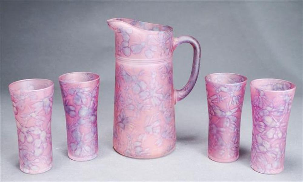 DECORATED GLASS PITCHER AND FOUR