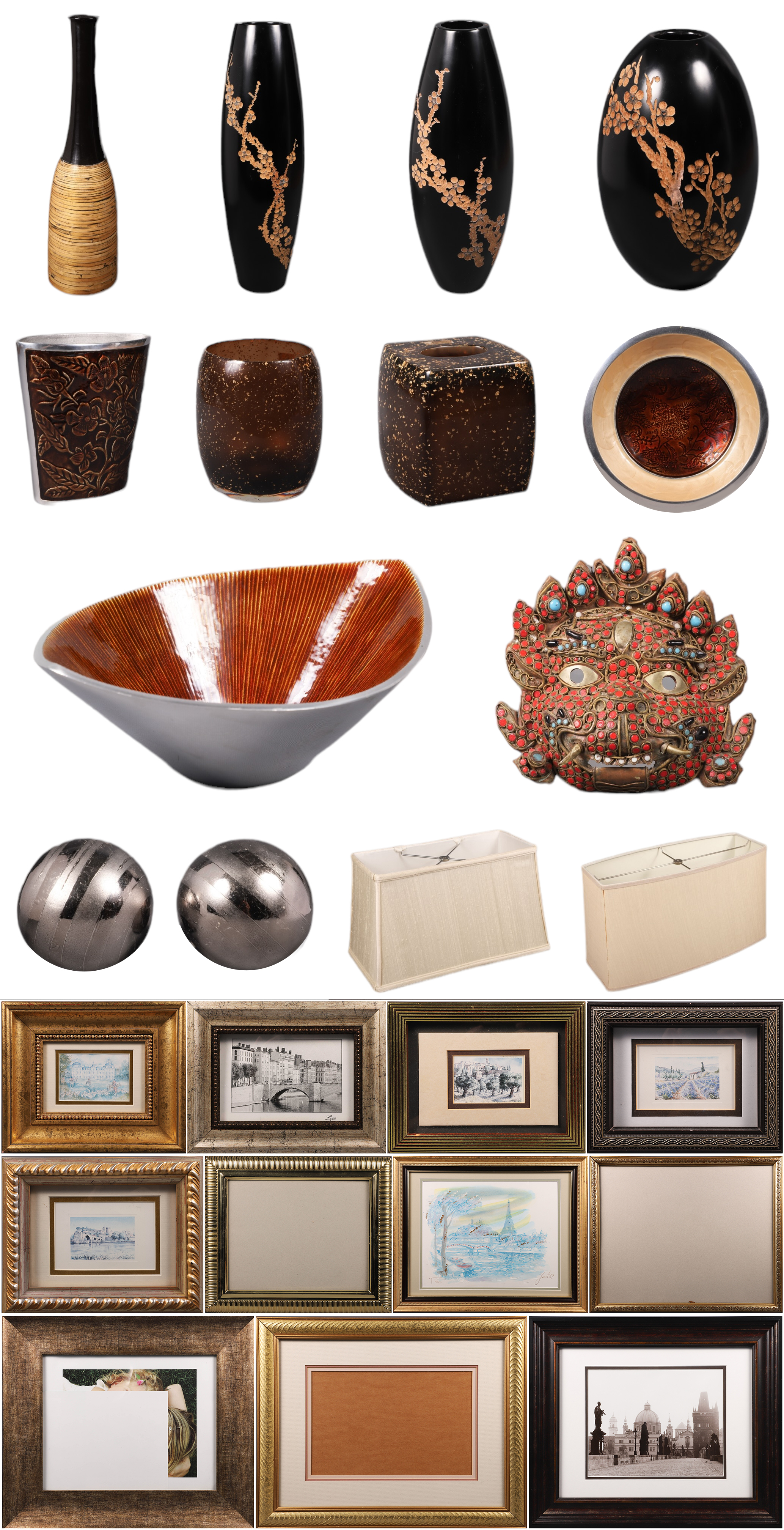 Decorated vases, frames, lampshades