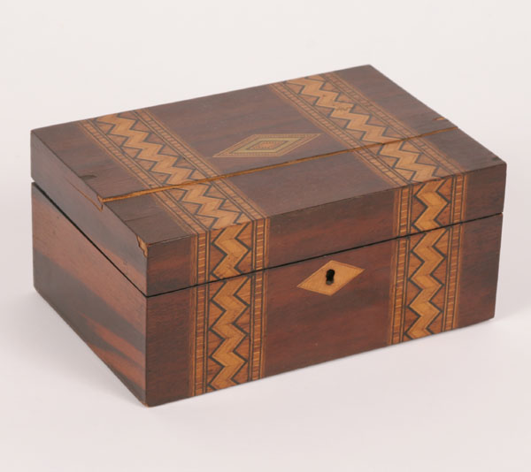 Decorated wooden sewing box; inlaid