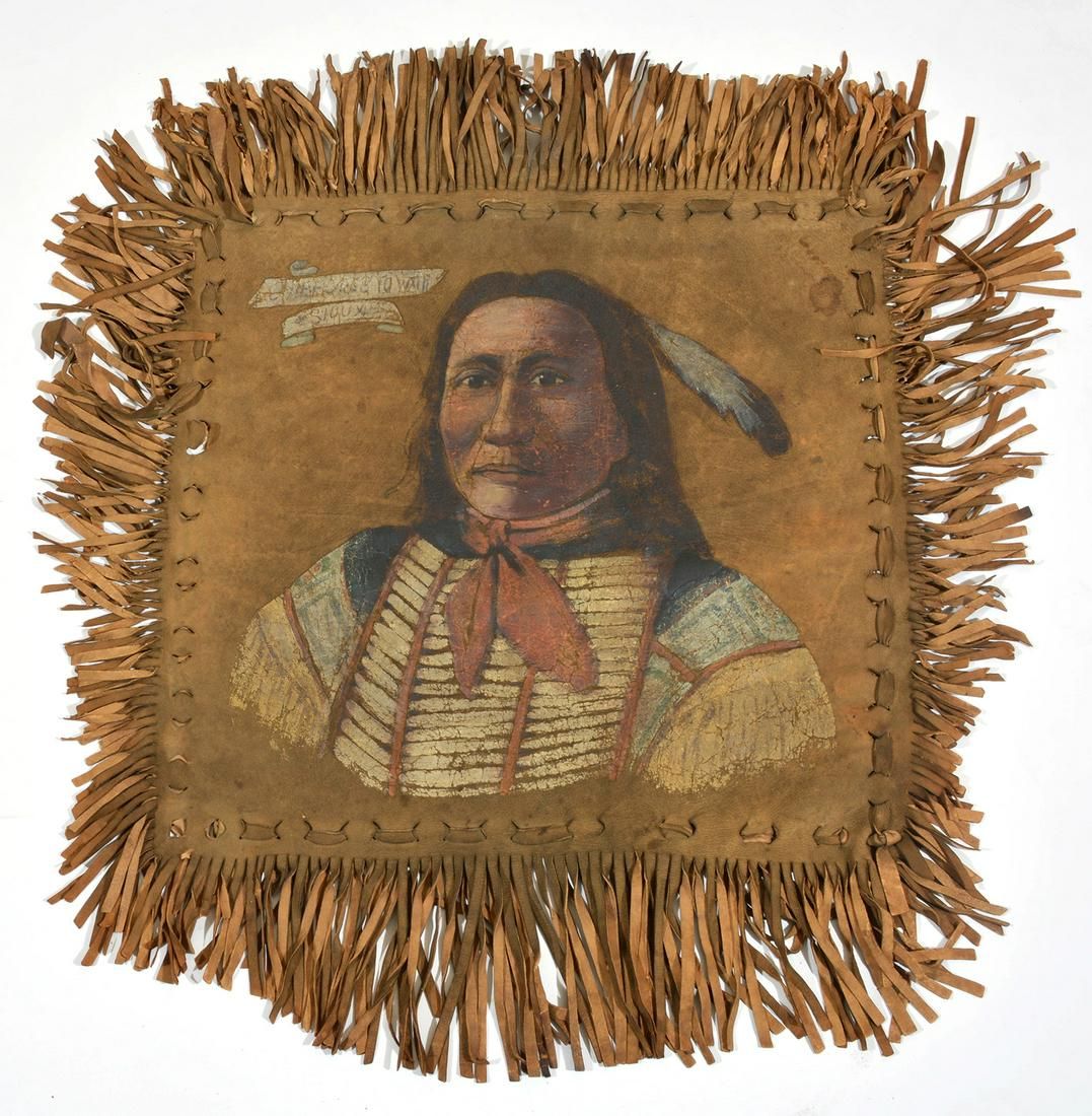 DEER HIDE PAINTING, "CHIEF GOES