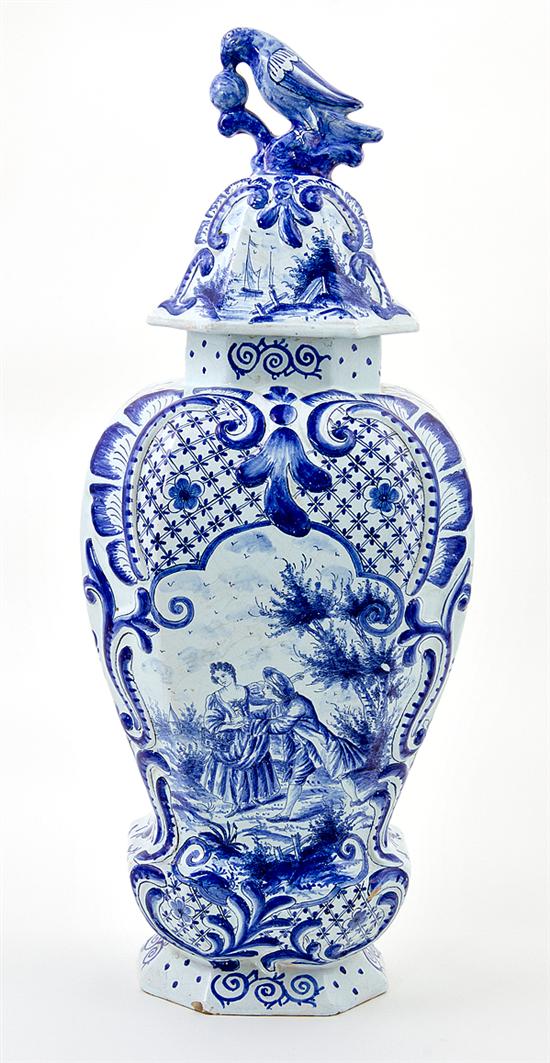 Delft blue and white covered urn