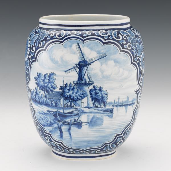 DELFT BLUE AND WHITE SCENIC VASE 9"