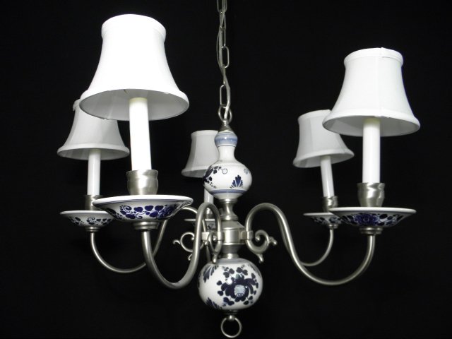 Delft porcelain and pewter five arm