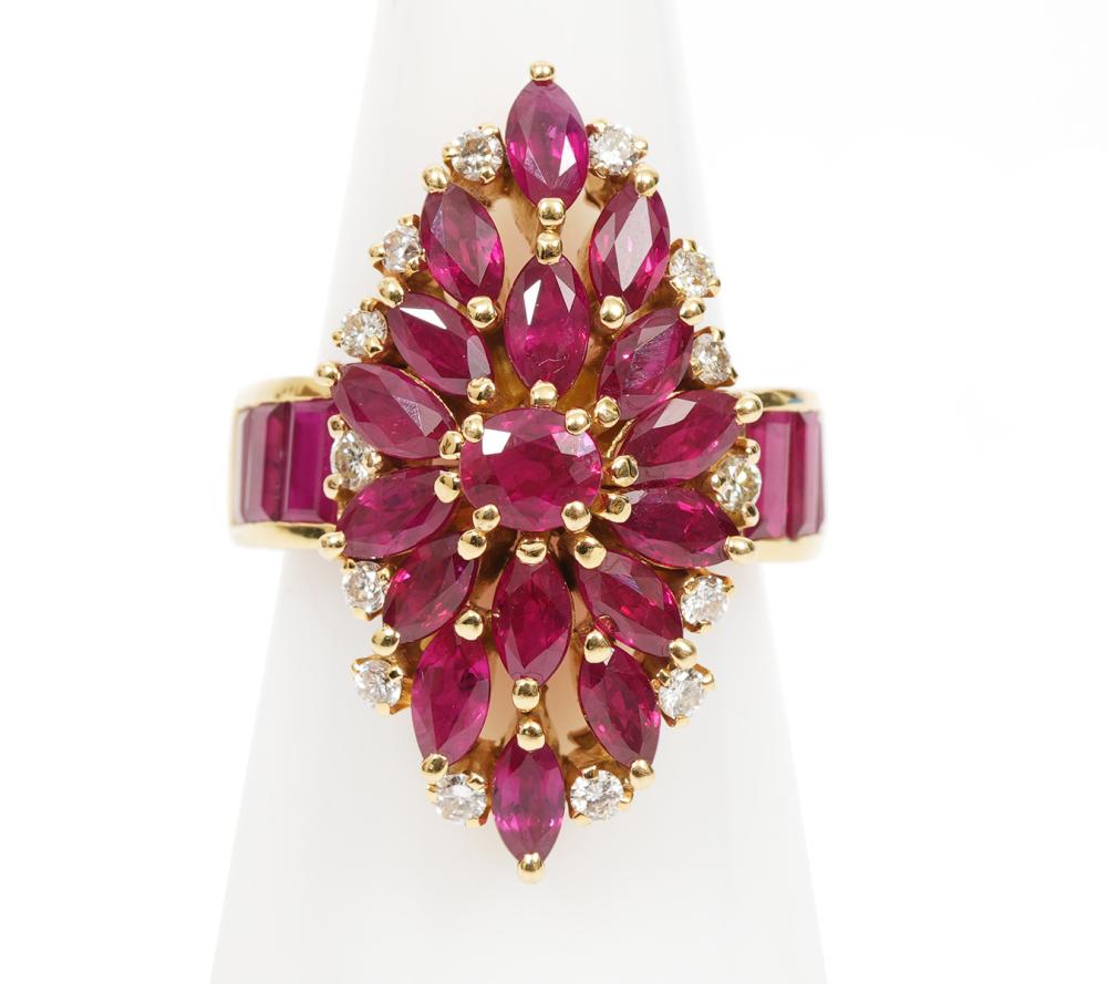 DIAMOND, 18K YG & SYNTHETIC RUBY