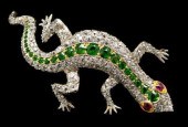 Diamond, garnet lizard brooch,
