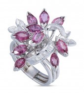 DIAMOND, RUBY AND 18KT WHITE G