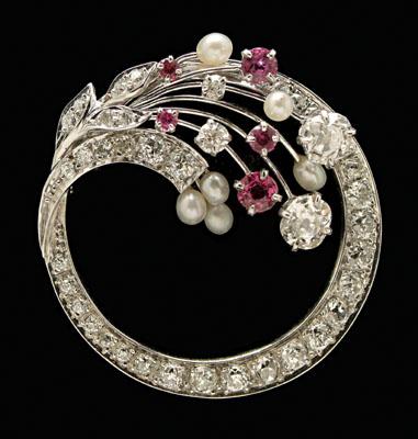 Diamond, ruby and pearl brooch,