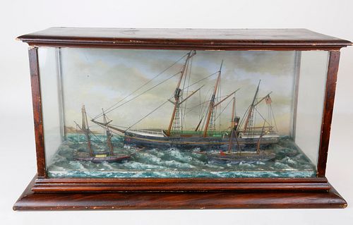 DIORAMA OF SHIPPING OFF THE COAST