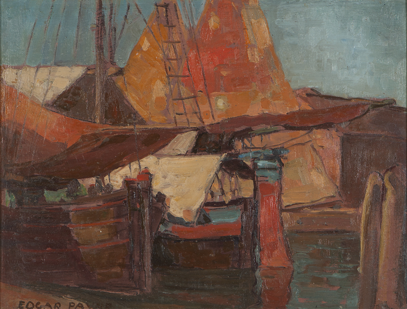 Docked sailboats oil on