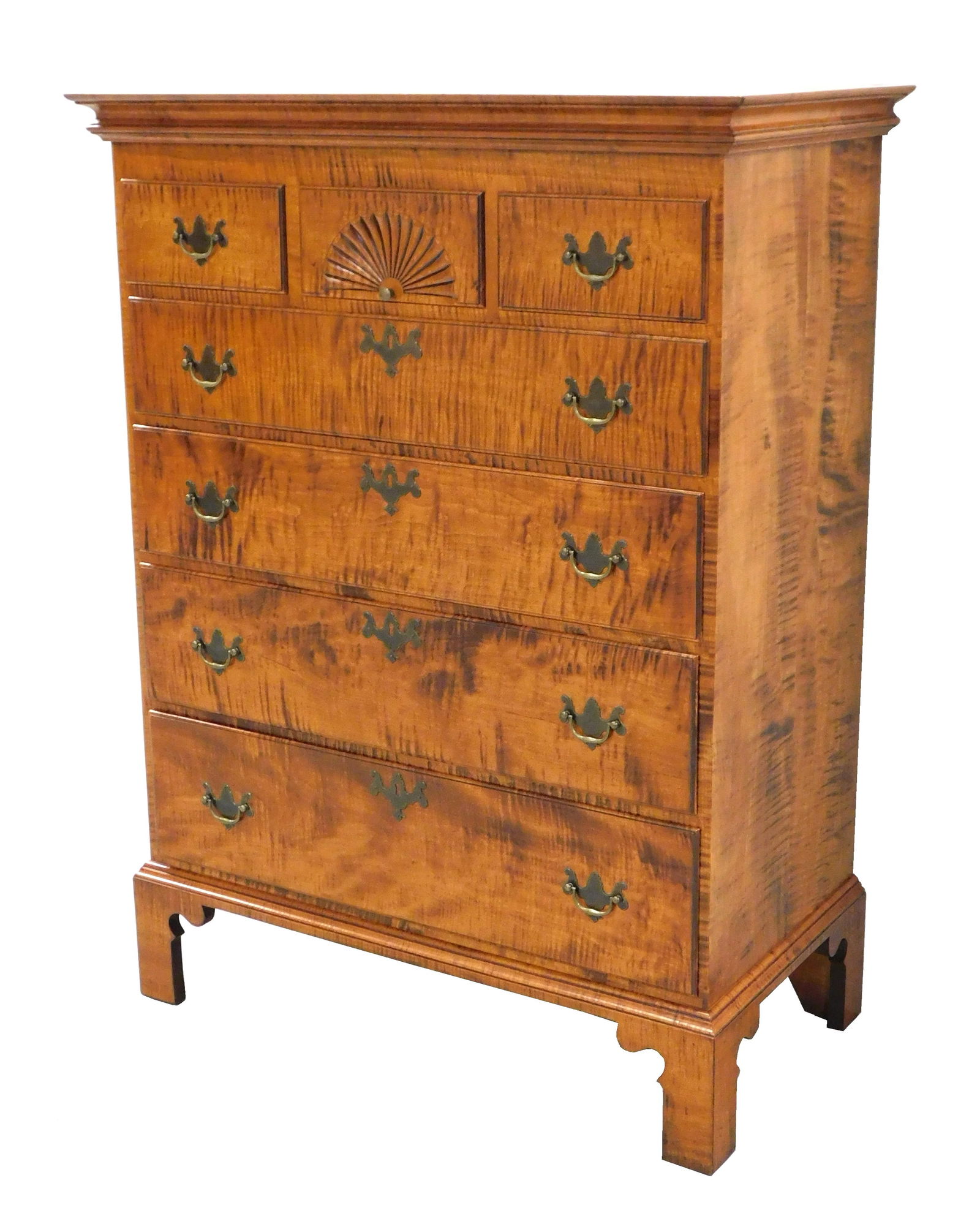 D.R. DIMES FIGURED MAPLE TALL CHEST