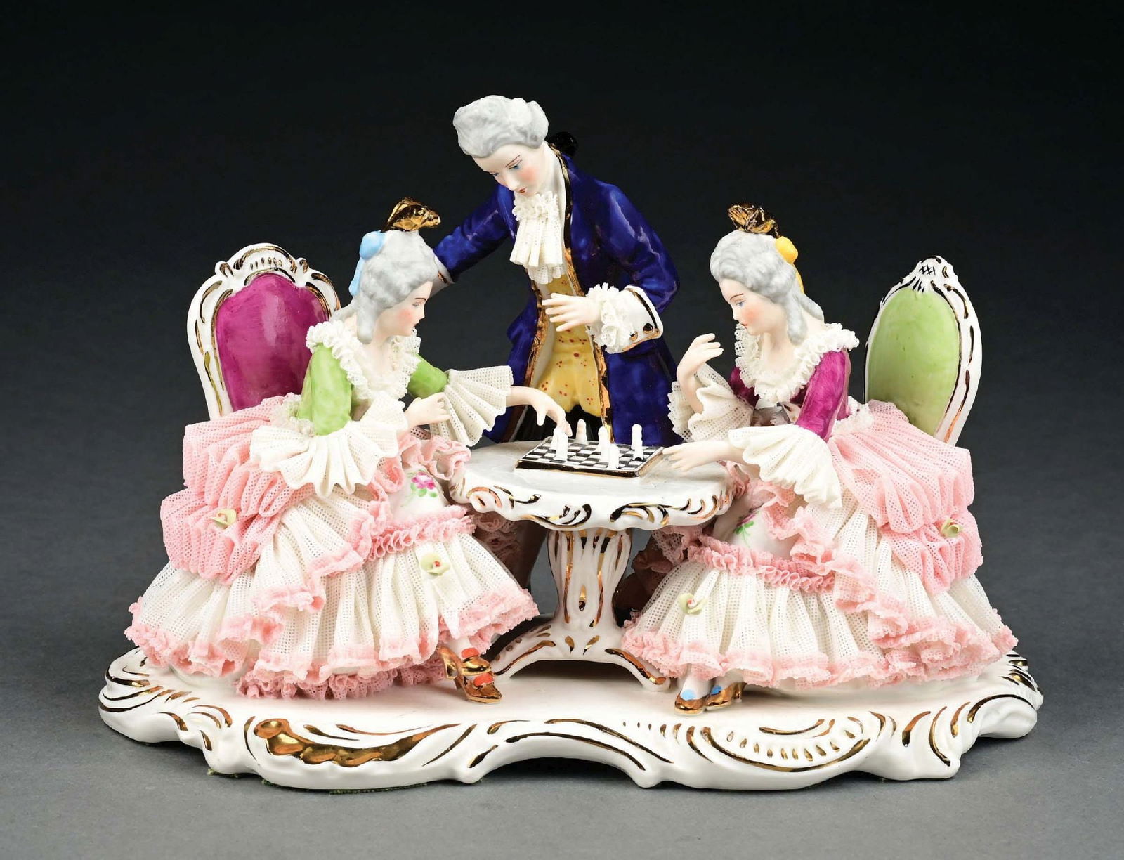 DRESDEN LACE GILTED CHESS PLAYERS